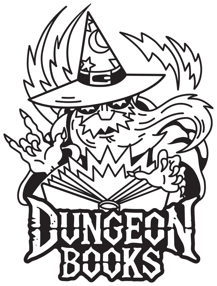 Full logo in black and white, with one even border around the wizard and the wordmark