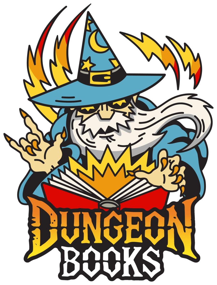 Dungeon Books: a wizard reading a flaming red book above the words Dungeon Books
